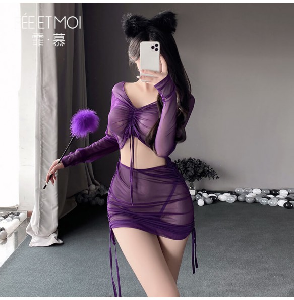 FEE ET MOI - Sexy Sheer Ruched Bodycon Dress (Purple)